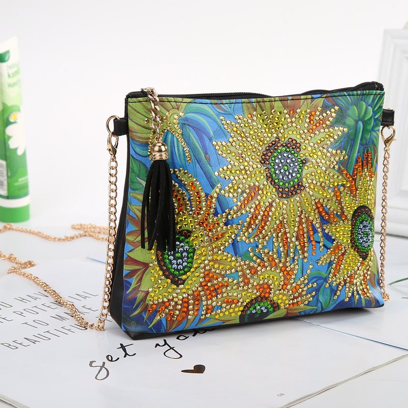 Diamond Painting Wallet Black PU Leather Sunflower Pattern Chain Bag DIY Hand Made Craft Gift - Image 4