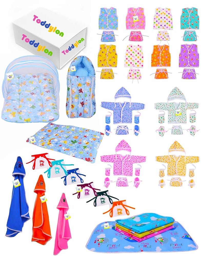 Toddylon Flat Bed 56 in 1 New Born Gift Set - Maternity Kit, Baby Shower Essentials, Clothes, Bedding, and Products Combo (0-6 Months, Multicolor) - Image 1