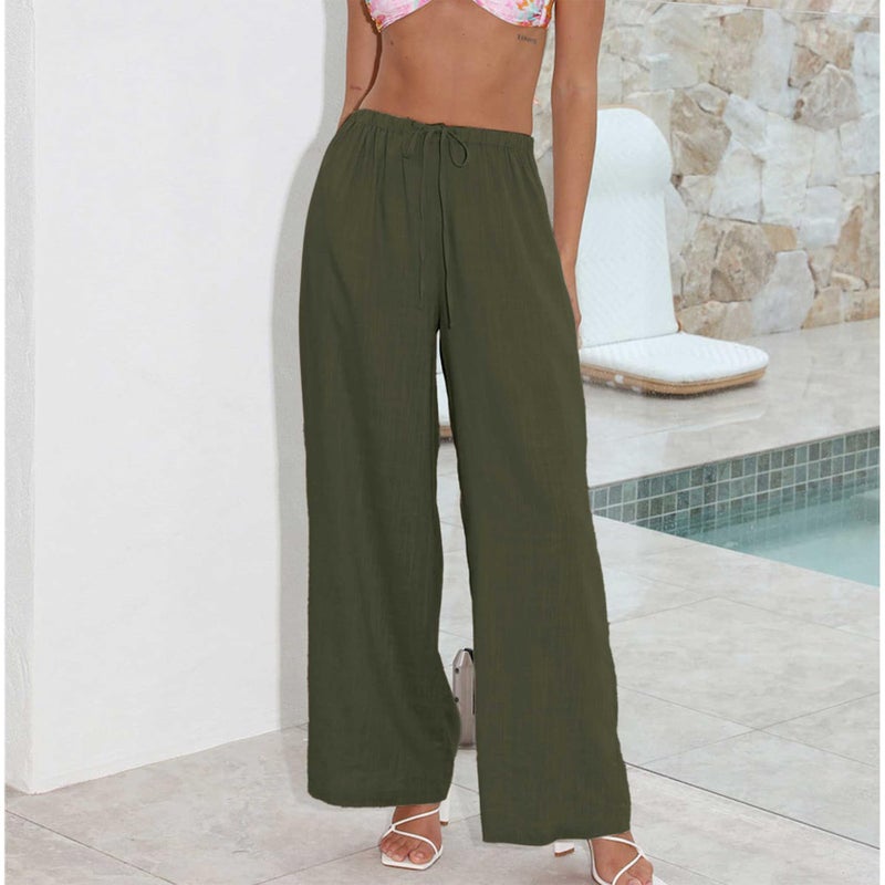 Duyang Womens Cotton Linen Palazzo Pants Drawstring Elastic Waist Casual Wide Leg Trousers with Pockets(Army Green,L) - Image 2