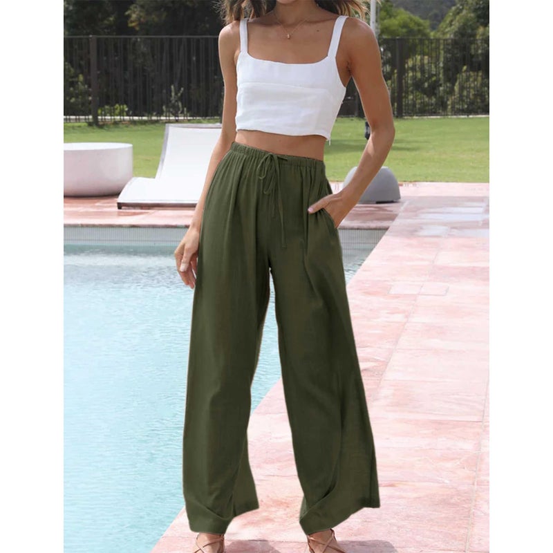 Duyang Womens Cotton Linen Palazzo Pants Drawstring Elastic Waist Casual Wide Leg Trousers with Pockets(Army Green,L) - Image 3