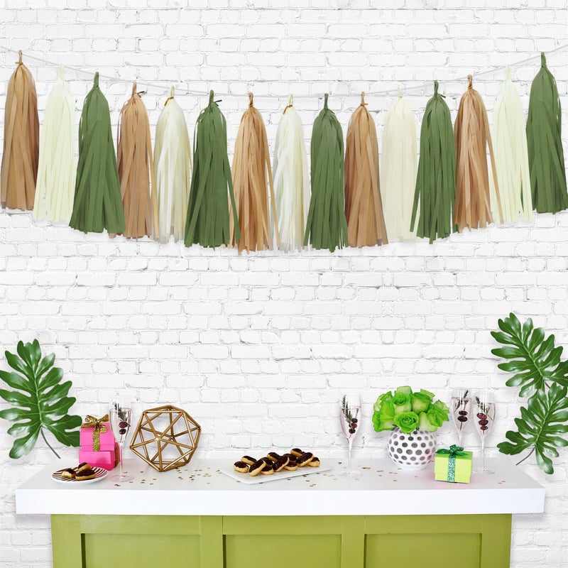 Aonor Sage Green Tassel Garland for Woodland Baby Shower Decorations Retro Green Party Safari Birthday Decorations 15PCS - Image 2