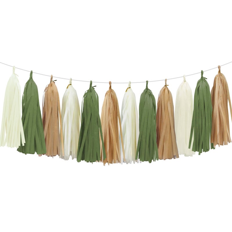 Aonor Sage Green Tassel Garland for Woodland Baby Shower Decorations Retro Green Party Safari Birthday Decorations 15PCS - Image 1