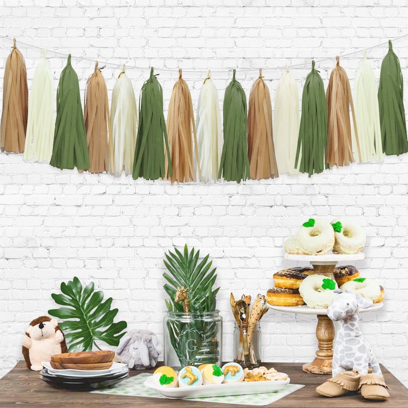 Aonor Sage Green Tassel Garland for Woodland Baby Shower Decorations Retro Green Party Safari Birthday Decorations 15PCS - Image 4