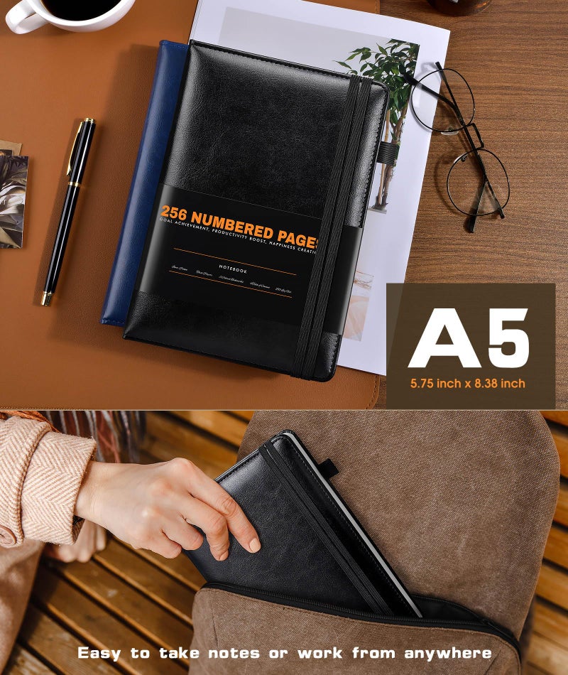 dilitego Lined Journal Notebook for Women Men, 256 Numbered Pages Hardcover Leather Journals for Writing, A5 Journaling Notebooks, College Ruled Journal for Business Work School Note Taking 5.75" x 8.38" Black - Image 3