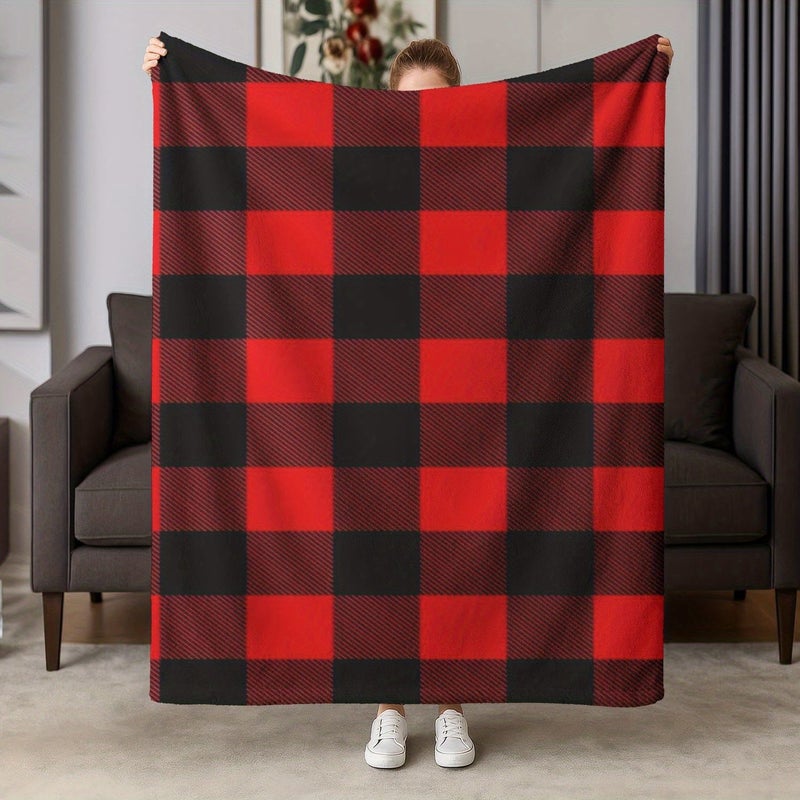 Red Black Plaid Flannel Blanket 70.87 x 78.74 Inch Soft Warm Sofa Bed Camping Travel - Image 1