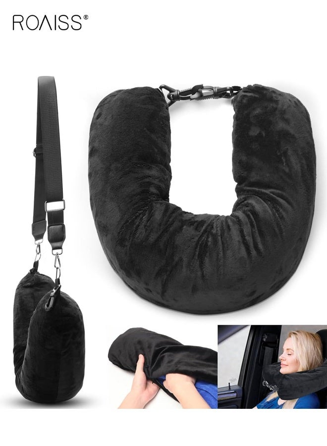 roaiss Unisex Airplane Car Travel Headrest Soft Plush Stuffed Luggage Pillowcase with Shoulder Straps Multi-functional Outdoor U-Shaped Lightweight Portable Headrest Black - Image 1