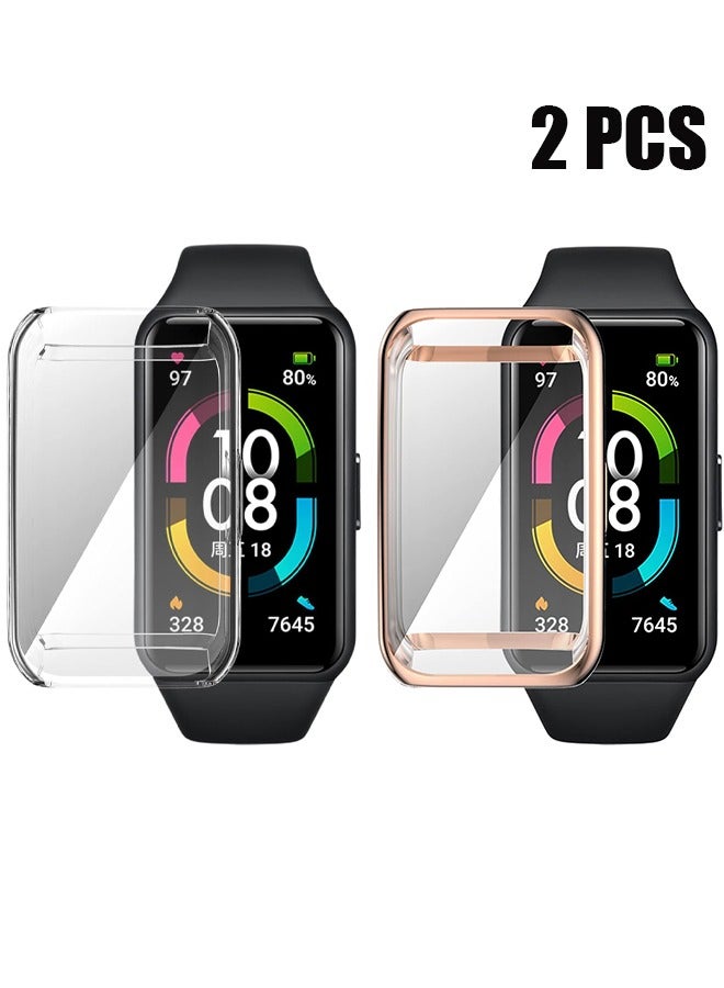 HY [2 Pack] Protective Cover compatible with HUAWEI Band 6/HUAWEI Band 7 Case, TPU Case with Screen Protector, [Anti-Scratch] Drop-Proof Waterproof Silicone TPU Cover( Rose Gold+Clear)  - Image 1