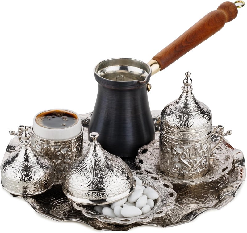 DEMMEX 2024 Turkish Greek Arabic Coffee Making and Serving Full Set with Cups Saucers Lids Sugar Bowl Tray and Antiqued Copper Coffee Pot, 12 Pcs (Silver) - Image 1