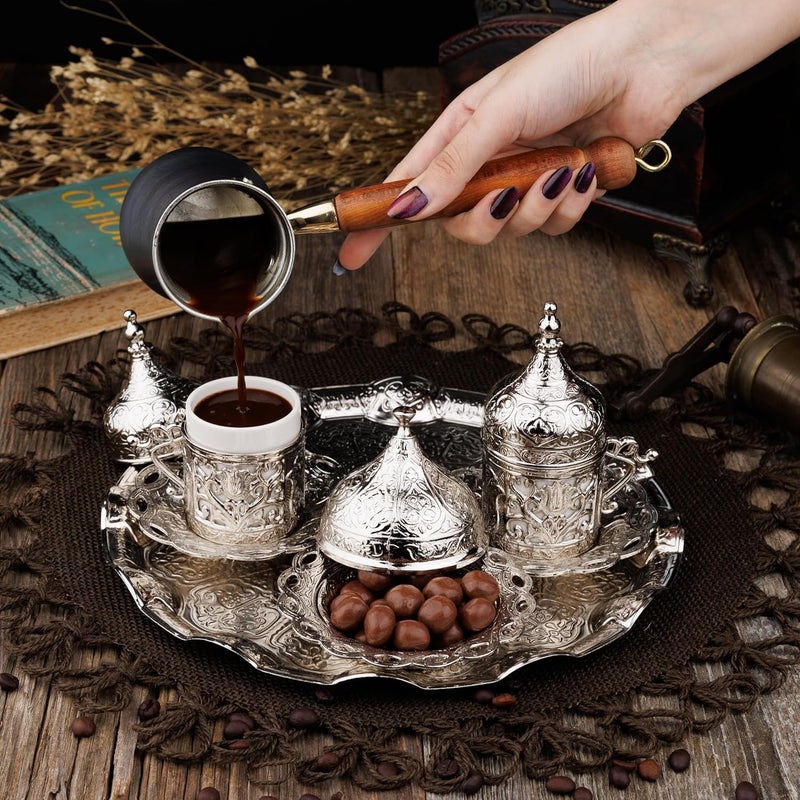 DEMMEX 2024 Turkish Greek Arabic Coffee Making and Serving Full Set with Cups Saucers Lids Sugar Bowl Tray and Antiqued Copper Coffee Pot, 12 Pcs (Silver) - Image 4