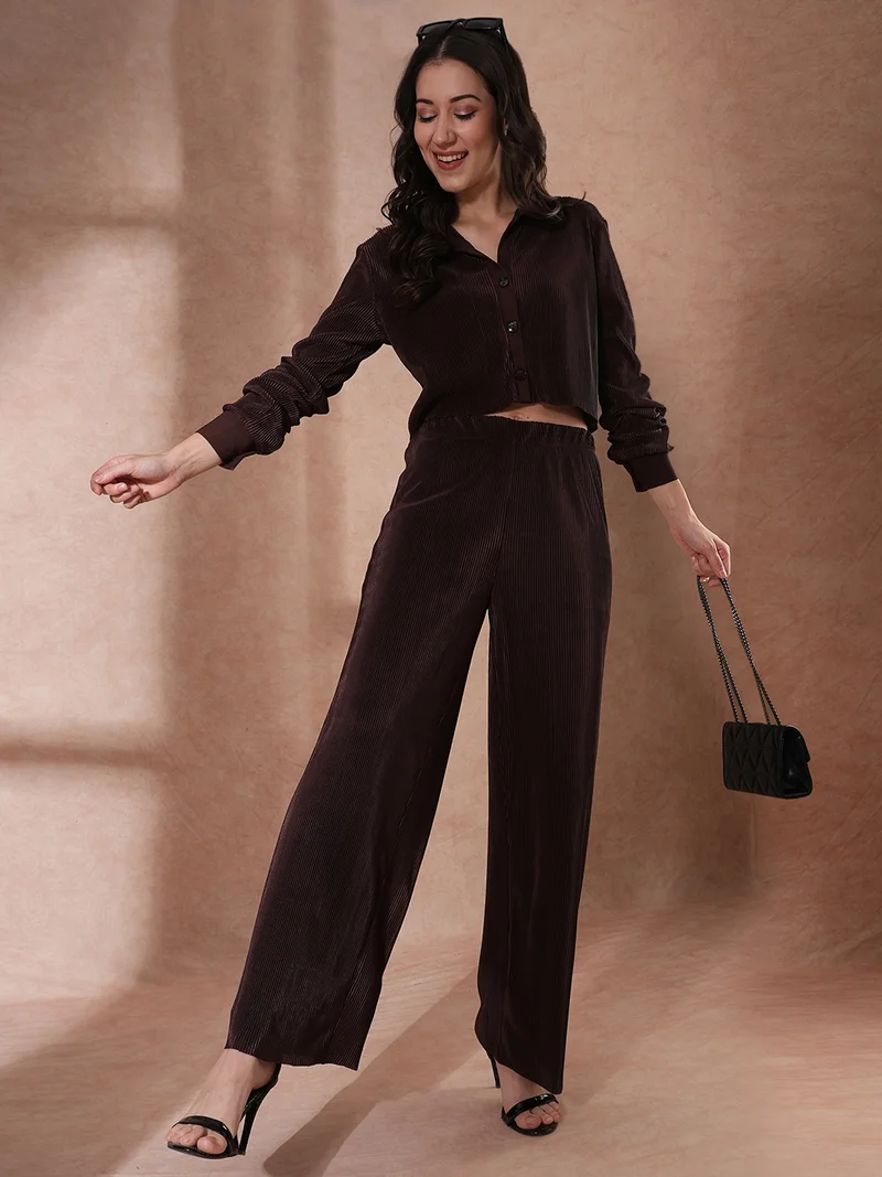 Globus Women Brown Self Design Accordion Pleats Crop Shirt & Party Trousers
