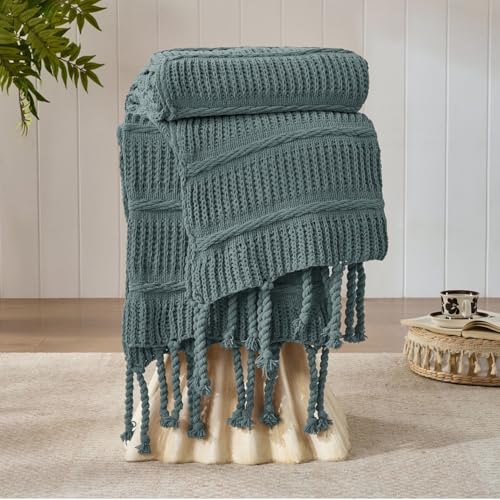 DOWN HOME Boho Knitted Chenille Blanket with Tassels - Lightweight & Soft All-Season Throw - 3D Classic Pattern for Living Room Bedroom Couch, Celestial Blue, Throw 50"x60" - Image 1