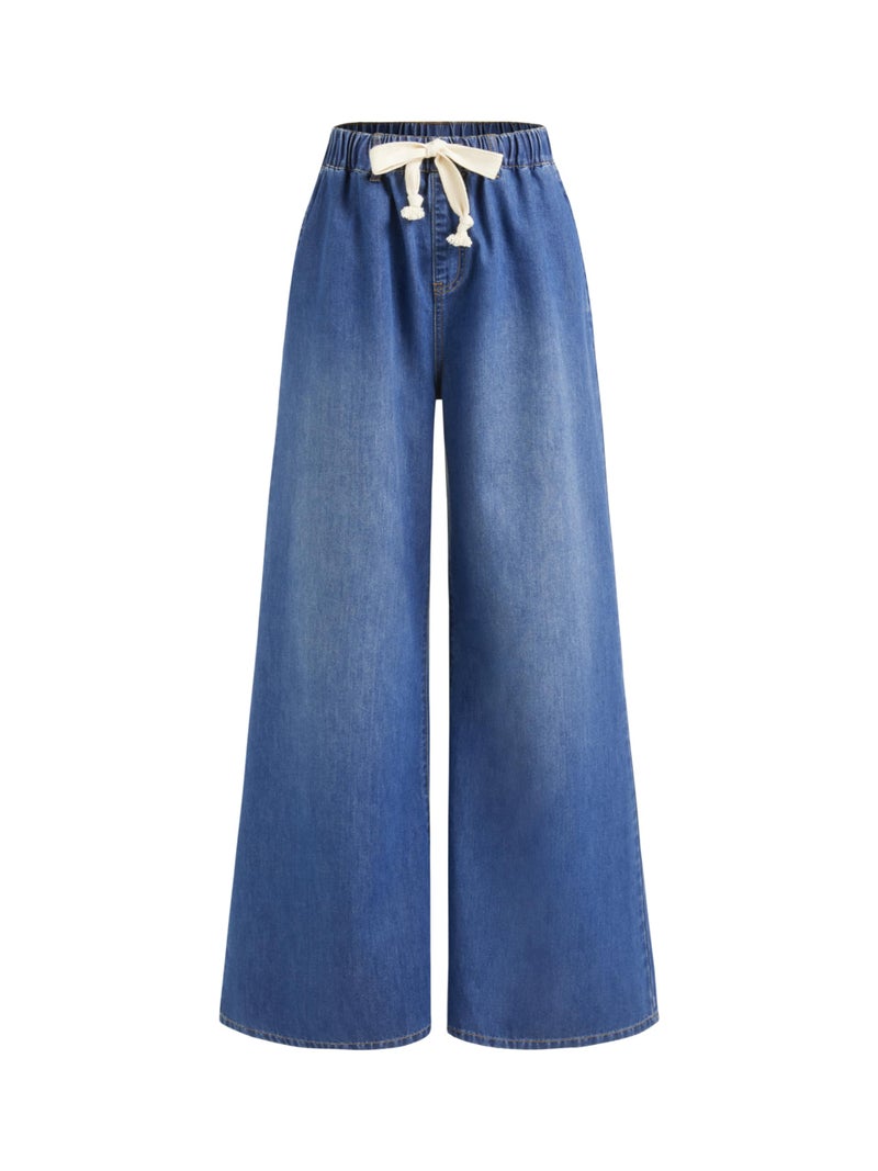 CIDER Drawstring Wide Leg Jeans for Women High Waisted Baggy Jeans Denim Pants with Pockets: Blue, M - Image 1