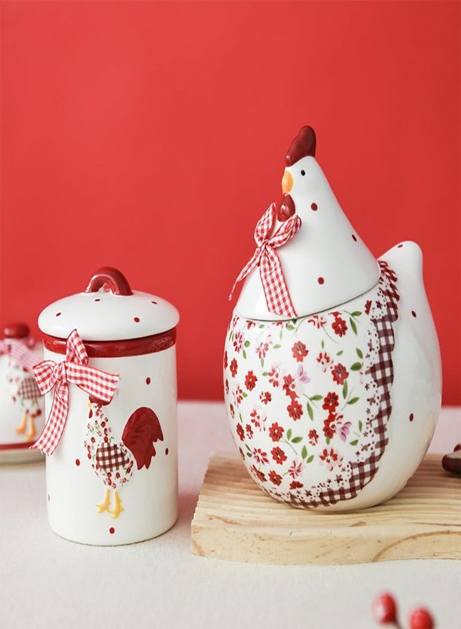 Bicuzat Rural Chicken and Flower Pattern Ceramic Easter Sugar Canister Rooster Hen Cookie Jar Ceramic Storage Jar Food Storage Can with Airtight Lid-Red-35 OZ - Image 3