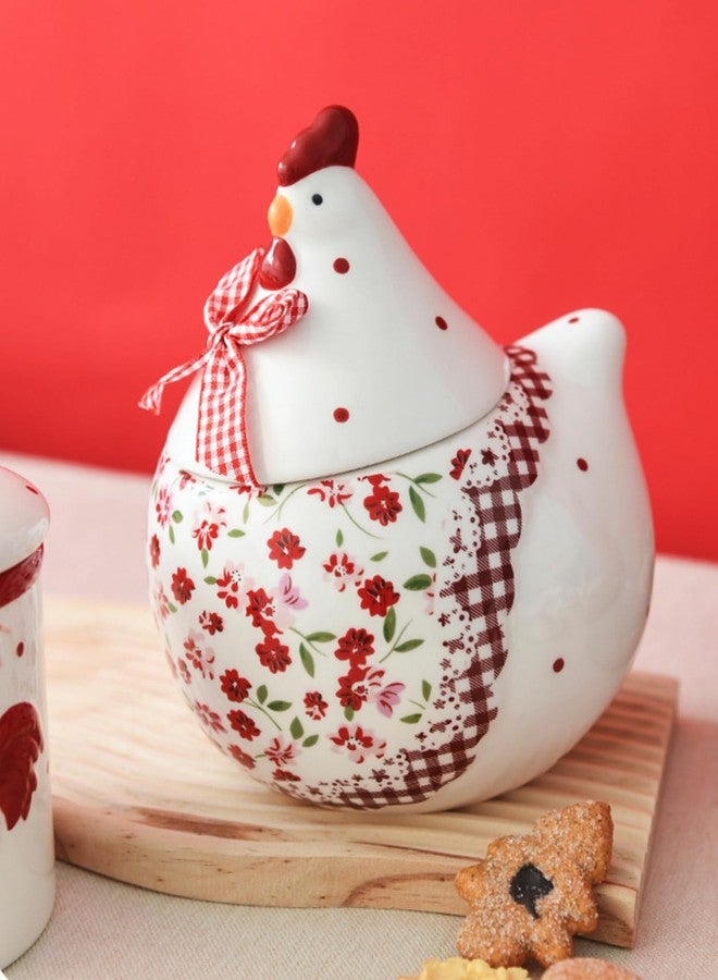 Bicuzat Rural Chicken and Flower Pattern Ceramic Easter Sugar Canister Rooster Hen Cookie Jar Ceramic Storage Jar Food Storage Can with Airtight Lid-Red-35 OZ - Image 2
