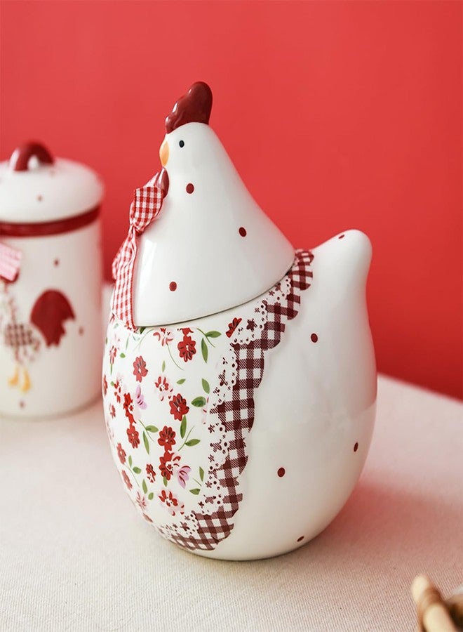 Bicuzat Rural Chicken and Flower Pattern Ceramic Easter Sugar Canister Rooster Hen Cookie Jar Ceramic Storage Jar Food Storage Can with Airtight Lid-Red-35 OZ - Image 4
