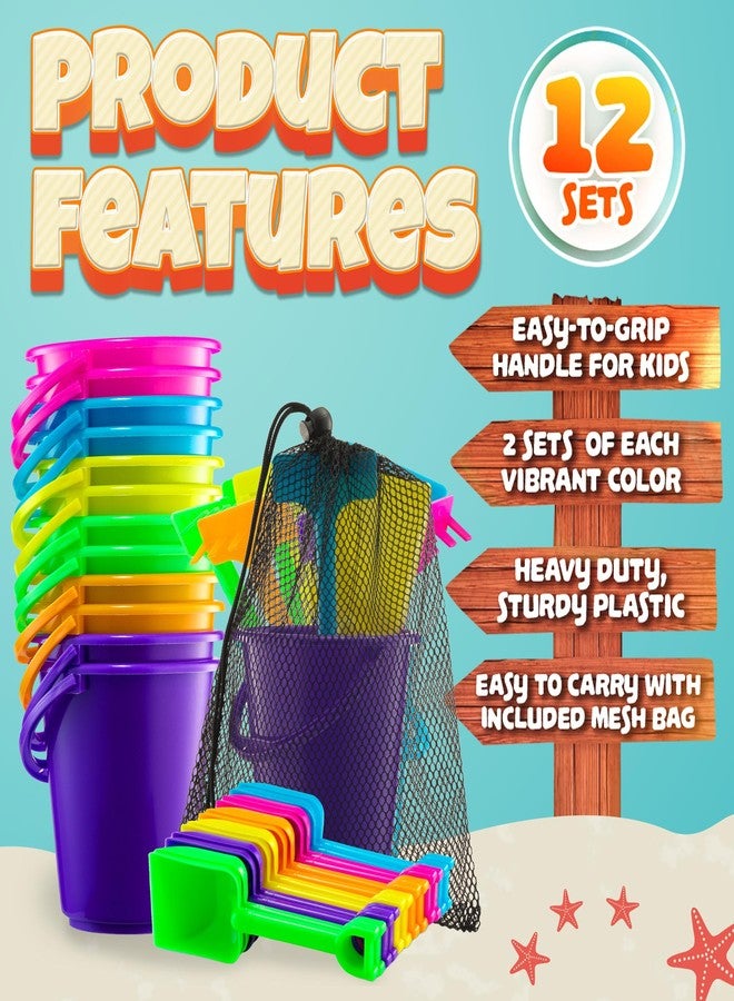 Bedwina Mini 4.5-Inch Beach Buckets for Kids - (12 Pack) Sand Buckets and Shovels w/Rakes & Mesh Bags - Small Beach Pails - Sturdy Unbreakable Plastic - Beach Party Favors & Giveaways for Toddlers Ages 3-6 - Image 2