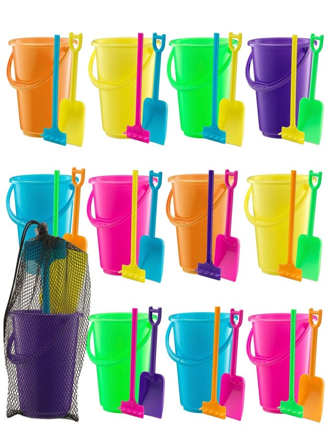 Bedwina Mini 4.5-Inch Beach Buckets for Kids - (12 Pack) Sand Buckets and Shovels w/Rakes & Mesh Bags - Small Beach Pails - Sturdy Unbreakable Plastic - Beach Party Favors & Giveaways for Toddlers Ages 3-6 - Image 1