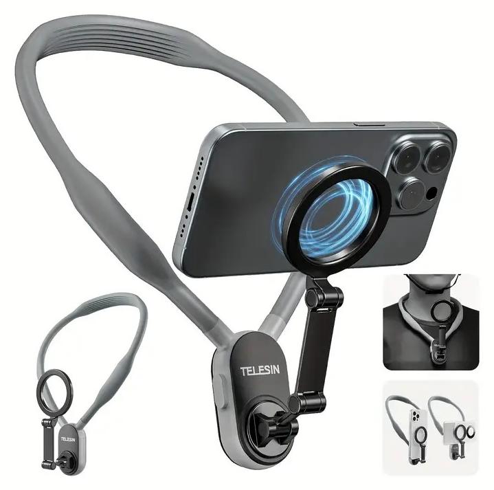 تيليسن الحامل المغناطيسي للهاتف الخلوي على الرقبة، حامل الهاتف الخلوي على الرقبة، حامل الهاتف الخلوي للتصوير الذاتي، حامل الهاتف الخلوي على الرقبة بدون استخدام اليدين (رمادي) - Image 1