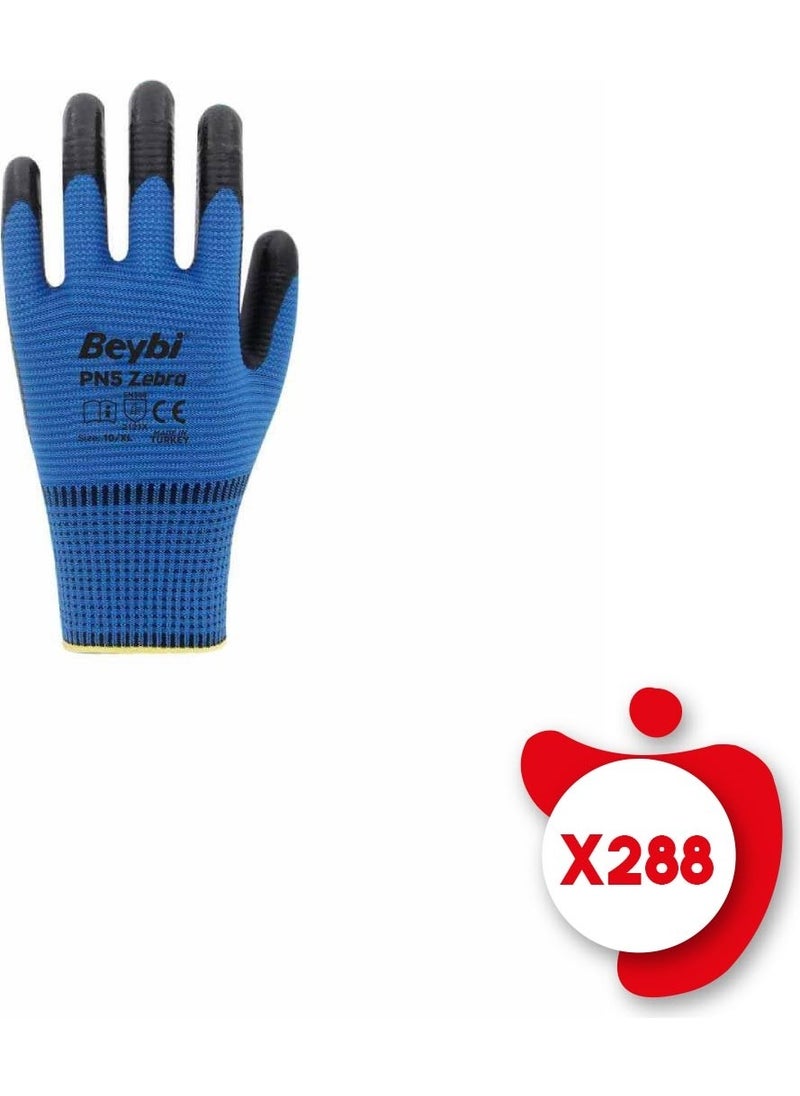 Beybi Pn5 Zebra Blue-Black Poly. Knitted Nitrile Work Gloves Size 10 288 Pairs 