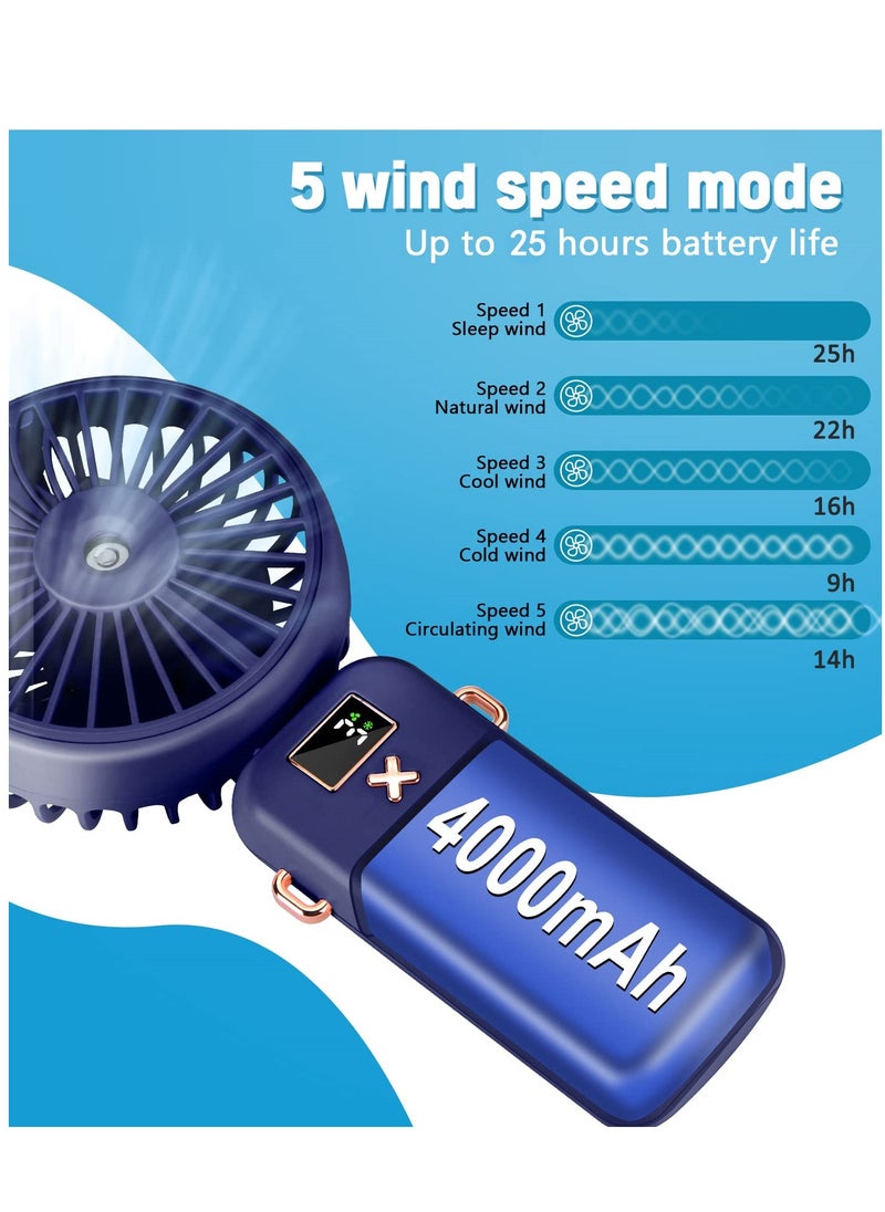 SYOSI - 3 in 1 Handheld Fan with Water Mist Spray, Mini USB Portable Fan with Rechargeable 4000mAh Battery, Powerful Hand Held Fan with 5 Speeds, Compact and Travel Friendly, Blue USB Desk Fan for Holidays - Image 1