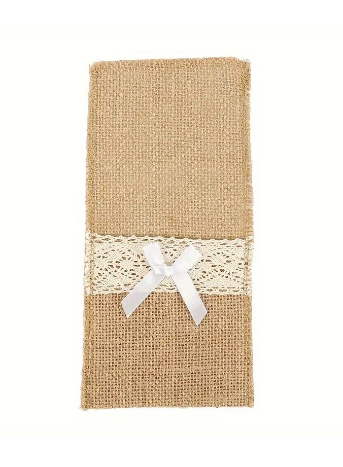 10pcs Rustic Burlap Cutlery Holders with Lace and Bow Accents - Jute Silverware Pouches for Wedding, Birthday, Dining Table Decor  - Image 5