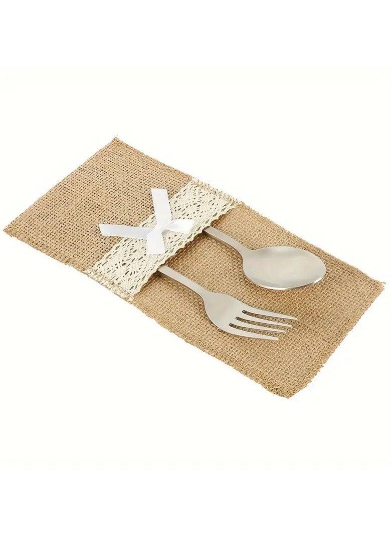 10pcs Rustic Burlap Cutlery Holders with Lace and Bow Accents - Jute Silverware Pouches for Wedding, Birthday, Dining Table Decor  - Image 3