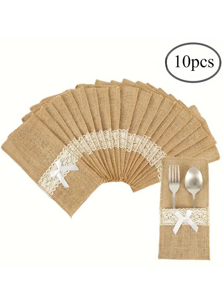 10pcs Rustic Burlap Cutlery Holders with Lace and Bow Accents - Jute Silverware Pouches for Wedding, Birthday, Dining Table Decor  - Image 1