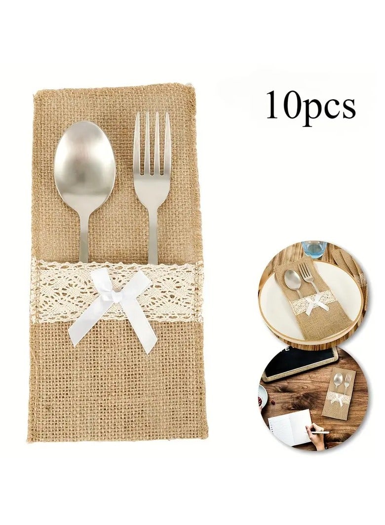 10pcs Rustic Burlap Cutlery Holders with Lace and Bow Accents - Jute Silverware Pouches for Wedding, Birthday, Dining Table Decor  - Image 2