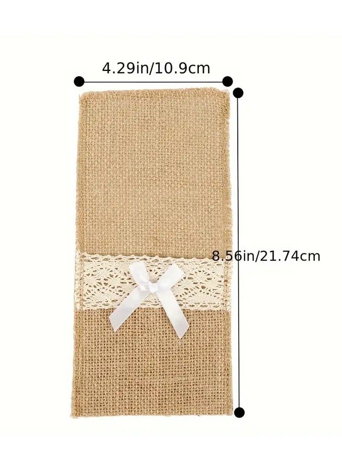10pcs Rustic Burlap Cutlery Holders with Lace and Bow Accents - Jute Silverware Pouches for Wedding, Birthday, Dining Table Decor  - Image 4