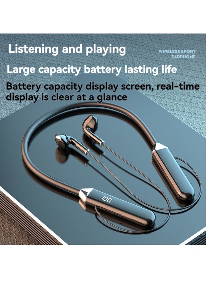 New Wireless Bluetooth Sports Headphones Digital Display Hanging Neck High-Capacity Ultra-Long Battery Life Bluetooth Headphones (Black) - Image 1