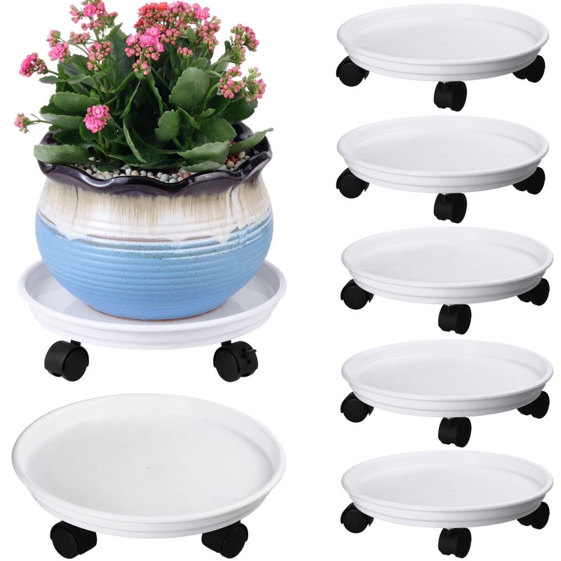 Planterhoma 6 Packs Plant Caddy with Wheels 12" Plastic Rolling Plant Stands Heavy-Duty Plant Dolly with Casters Indoor Outdoor Plant Roller Base Plant Pot Saucers on Wheels Planter Mover, White - Image 1