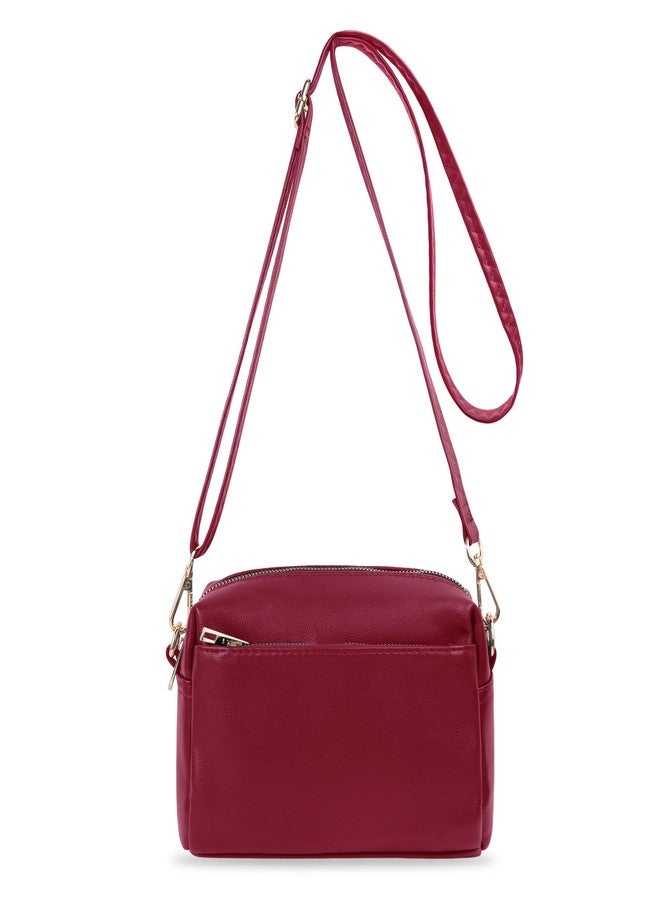 VOROLO Crossbody Bag Small Leather Triple Zip Crossbody Purse Shoulder Bag with Ajustable Strap for Women Burgundy - Image 1