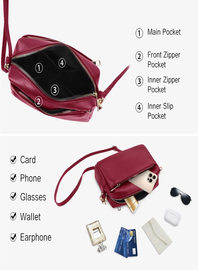 VOROLO Crossbody Bag Small Leather Triple Zip Crossbody Purse Shoulder Bag with Ajustable Strap for Women Burgundy - Image 4