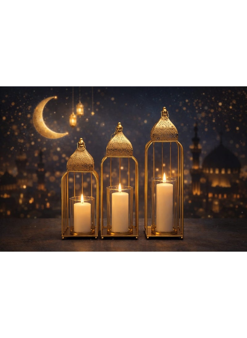 طقم فانوس نحاسي حامل شموع 3 قطع مع 3 شمعات حجم كبير قطر 49 سم (ارتفاع 50 / 42 / 36 سم) – ديكور منزلي أنيق وديكور رمضان فاخر للرف أو التعليق - Image 1