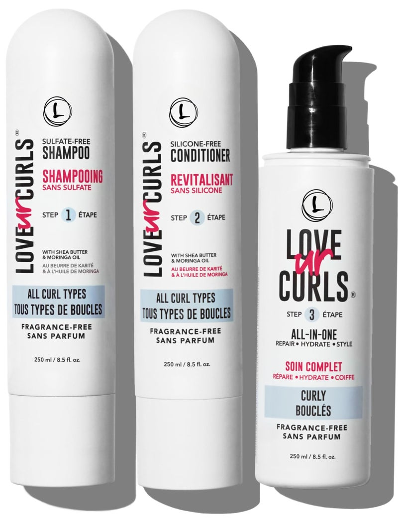 Love Ur Curls Fragrance Free Shampoo and Conditioner Set with All in One Curl Cream Styler for Curly Hair, 3 Step System to Repair, 200 mL - Image 1