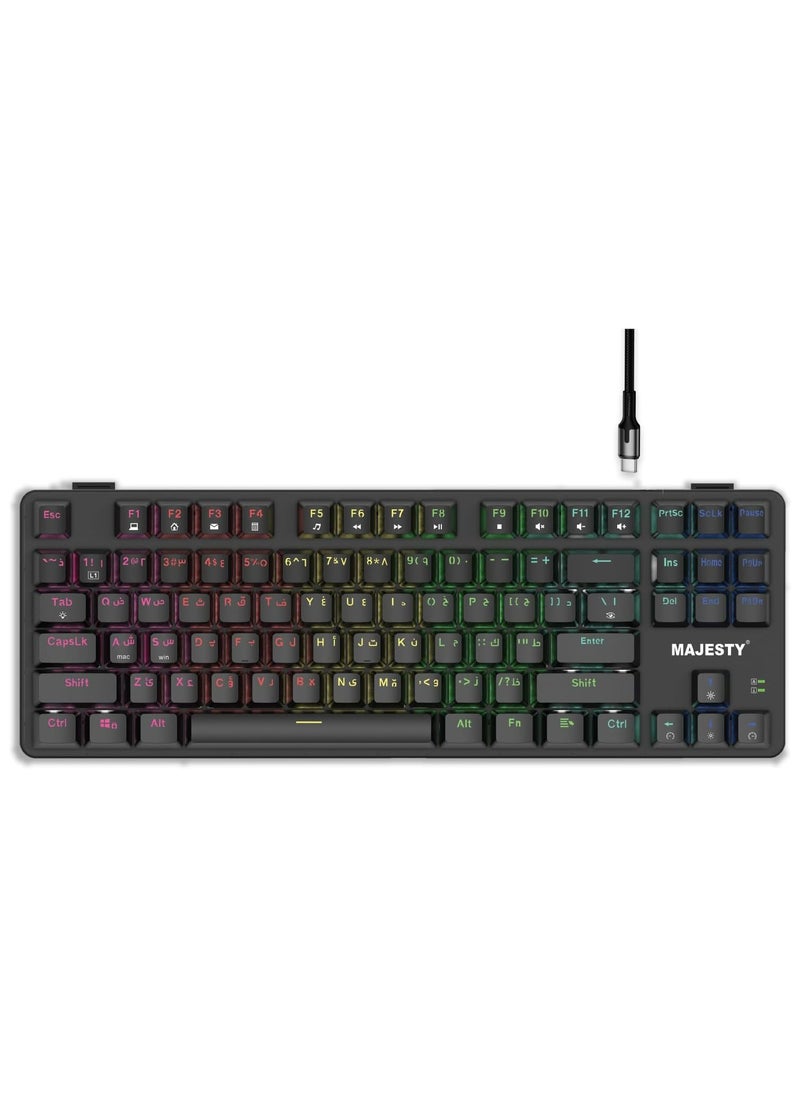 ماجيستي كيبورد ألعاب ميكانيكي 87 مفتاح من ماجيستي ، RGB ، سويتش أكيبورد ألعاب ميكانيكي 87 مفتاح من ماجيستي | إضاءة RGB | سويتش أوتيمو الأحمر | مفاتيح مضيئة عربي/إنجليزي | تصميم Hot-Swap | كيبل Type-C قابل للفصل  - Image 1