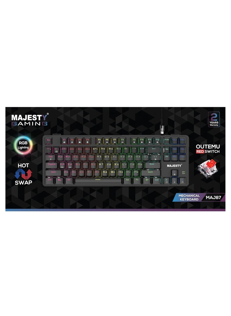 ماجيستي كيبورد ألعاب ميكانيكي 87 مفتاح من ماجيستي ، RGB ، سويتش أكيبورد ألعاب ميكانيكي 87 مفتاح من ماجيستي | إضاءة RGB | سويتش أوتيمو الأحمر | مفاتيح مضيئة عربي/إنجليزي | تصميم Hot-Swap | كيبل Type-C قابل للفصل  - Image 4