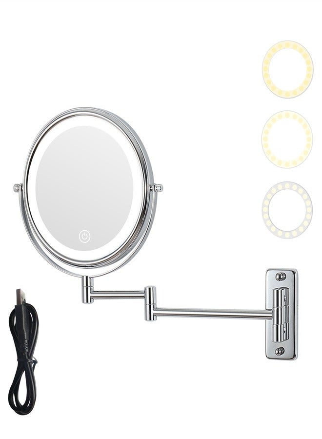 Wall Mount Vanity Mirror with Lights, 8 Inch Double Sided 10X Lighted Makeup Magnifying Mirror,3 Color Lighting Dimmable LED Bathroom Cosmetic Mirror, 360 Rotation Shaving Make Up Mirror (Chrome) - Image 1