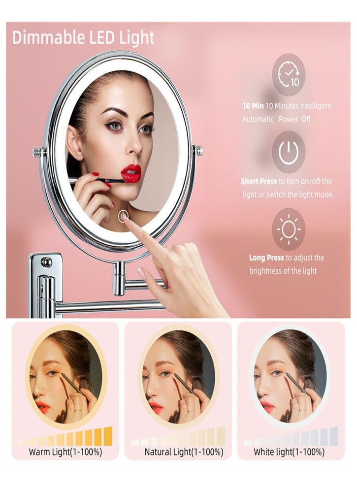 Wall Mount Vanity Mirror with Lights, 8 Inch Double Sided 10X Lighted Makeup Magnifying Mirror,3 Color Lighting Dimmable LED Bathroom Cosmetic Mirror, 360 Rotation Shaving Make Up Mirror (Chrome) - Image 2