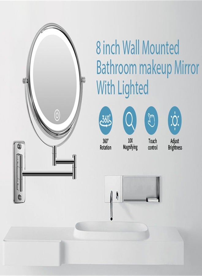 Wall Mount Vanity Mirror with Lights, 8 Inch Double Sided 10X Lighted Makeup Magnifying Mirror,3 Color Lighting Dimmable LED Bathroom Cosmetic Mirror, 360 Rotation Shaving Make Up Mirror (Chrome) - Image 4