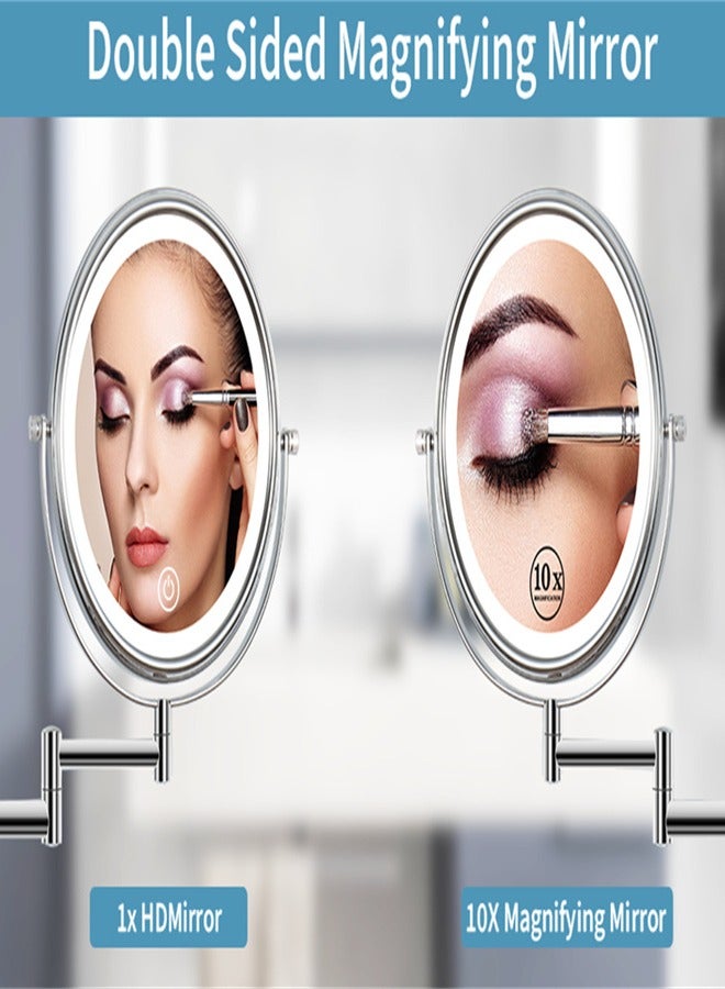 Wall Mount Vanity Mirror with Lights, 8 Inch Double Sided 10X Lighted Makeup Magnifying Mirror,3 Color Lighting Dimmable LED Bathroom Cosmetic Mirror, 360 Rotation Shaving Make Up Mirror (Chrome) - Image 3