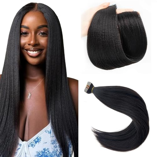 Licoville Light Yaki Tape in Hair Extensions Human Hair - 18 Inch Natural Black Yaki Straight Tape ins Real Human Hair Extensions for Black Women 50grams 20pcs - Image 1
