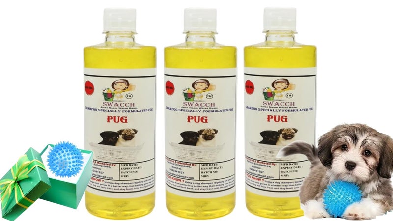 swacch Shampoo | Puppy Safe Shampoo | PH Balanced | Ditch to Itch for Pug Dog Shampoo 500ml Pack of 3 (Lemon) + Spike Ball Chew Toy Combo Pack - Image 1