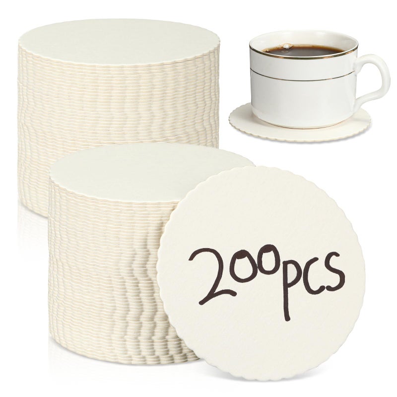 Harloon 200 Pcs Disposable Paper Coasters for Drinks Bulk 4 Inch Bar Cardboard Scalloped Edge Absorbent Round Coasters for DIY Crafts Cup Catering