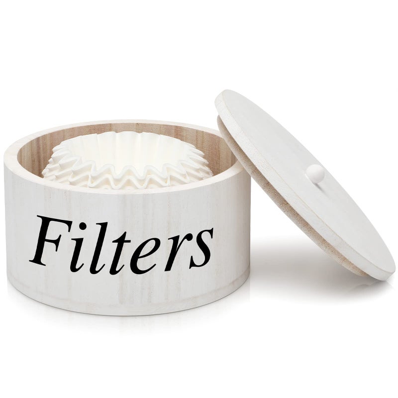 Chunful Chunful Coffee Filter Container Wooden Coffee Filter Storage Holder with Lid Farmhouse Bar Accessories Rustic Station Organizer for Storing Various Papers Tea Bags Beans White 