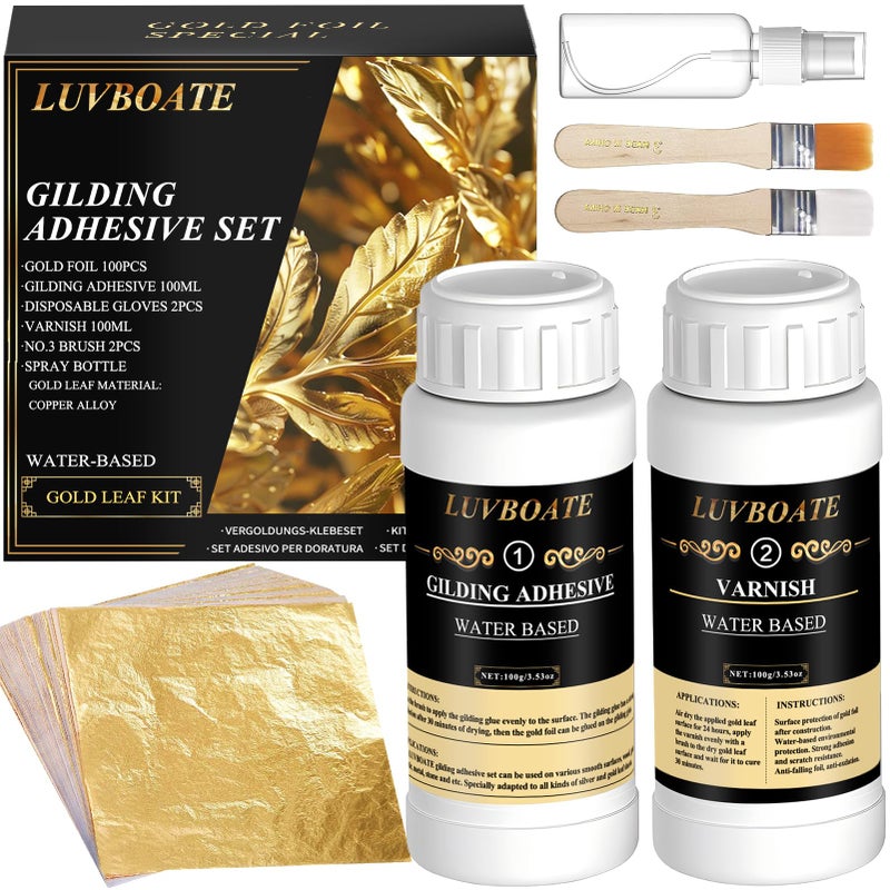 Gilding Adhesive Set LUVBOATE Gold Leaf Kit 353oz Water Based Adhesive and 353oz Varnish with Gold Leaf Sheet 100 pcs Gold Foil Set for Arts Craft Painting Furniture and Decoration