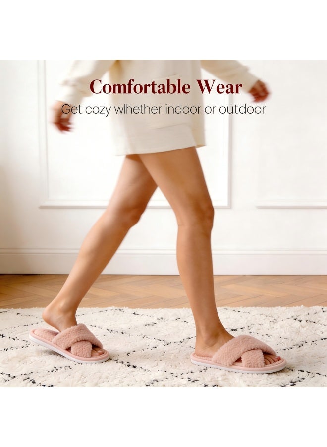 GUOLUOFEI Women’s Cozy Plush Open Toe Slippers Cross Band Furry Fluffy Memory Foam Soft House Slides Indoor Outdoor - Image 2