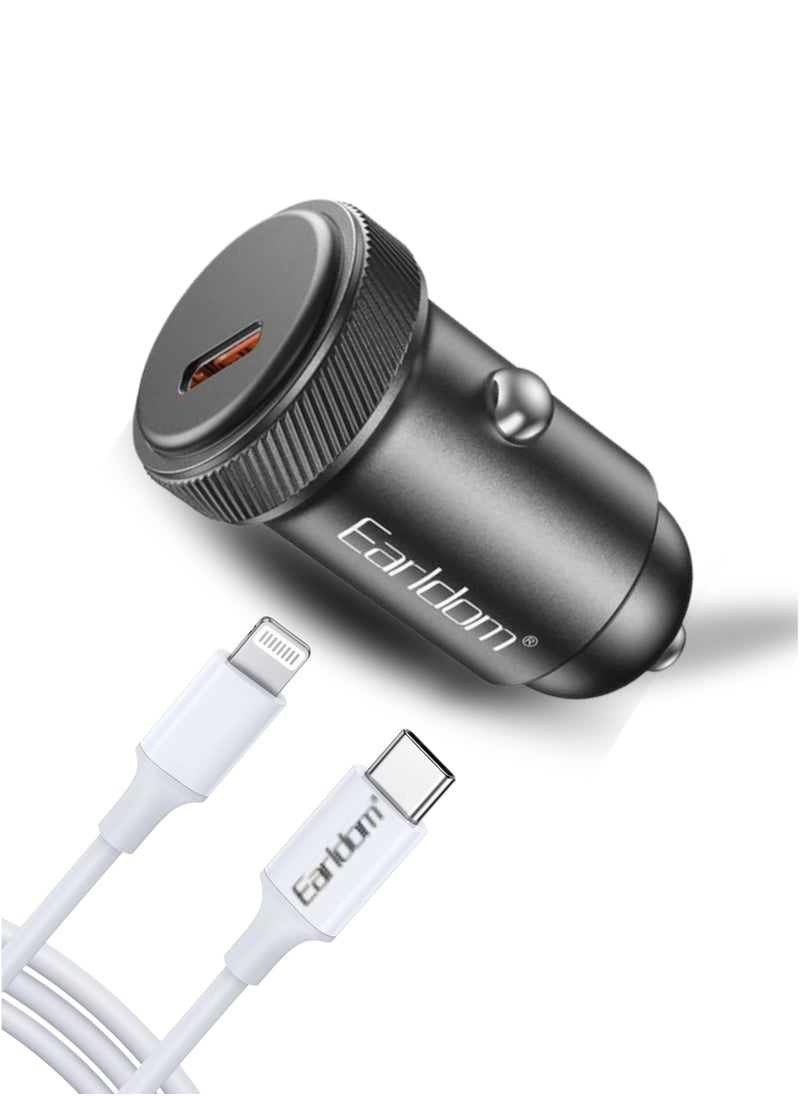 Earldom PD 30W Fast Car Charger Adapter with Type-C to Lightning Cable – Compatible with iPhone 16/15/14/13/12/11, iPad Pro, Mini 6, Samsung S24/S23/S22, Xiaomi, AirPods 4, Apple Watch S10 – Black - Image 1