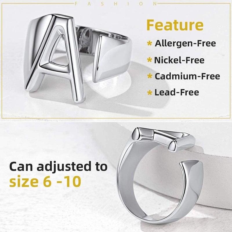 KeyStyle Bold Initial Letter Rings Adjustable, GoldChic Jewelry Women Gold Statement Ring Personalized Engraved Women’s Open Signet Ring for Party (Gold, White Gold, Black) - Image 5