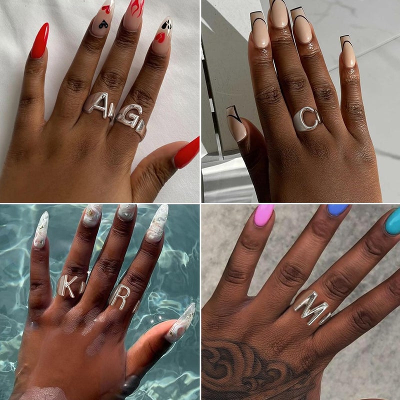 KeyStyle Bold Initial Letter Rings Adjustable, GoldChic Jewelry Women Gold Statement Ring Personalized Engraved Women’s Open Signet Ring for Party (Gold, White Gold, Black) - Image 2